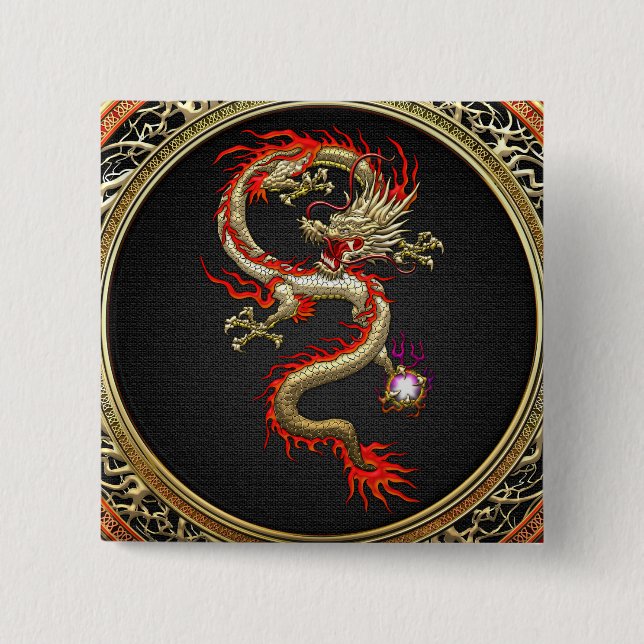 Badge Carré 5 Cm [500] Dragon chinois d'or Fucanglong (Devant)