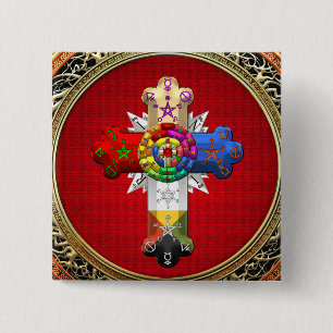 Badge Carré 5 Cm [500] Rosy Cross (Croix Rose) sur Red & Gold