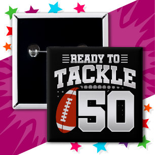 Badge Carré 5 Cm 50 ans Tackle Football Party 50e anniversaire