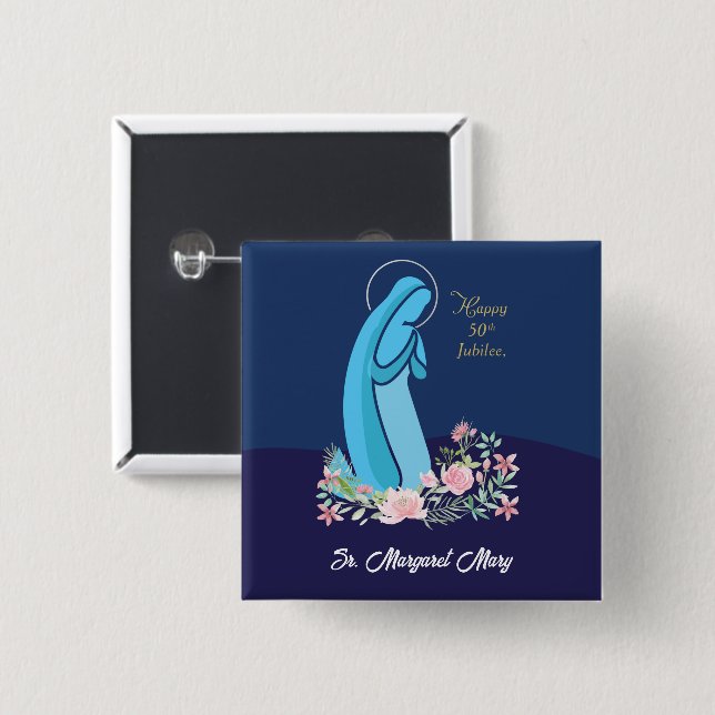 Badge Carré 5 Cm 50e anniversaire de la vie religieuse Nun Fleur ro (Devant & derrière)