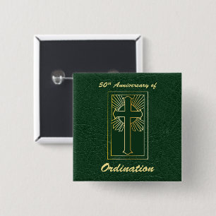 Badge Carré 5 Cm 50e anniversaire d'ordination aspect cuir vert
