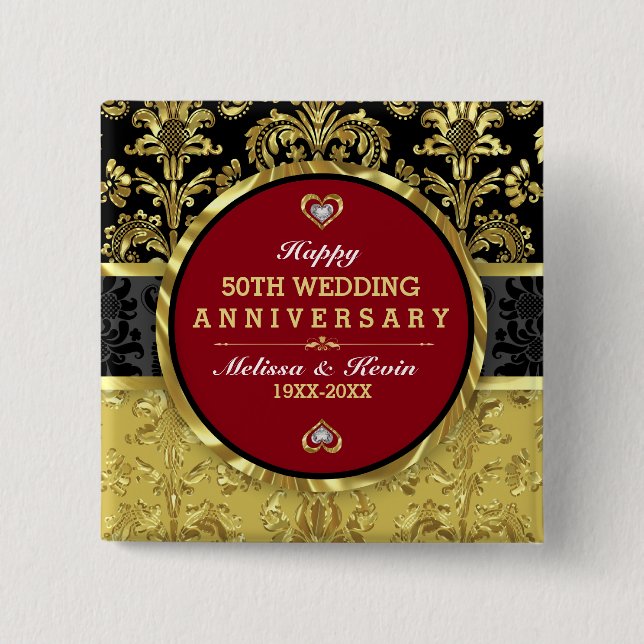 Badge Carré 5 Cm 50e anniversaire du Mariage Black Gold & Red (Devant)