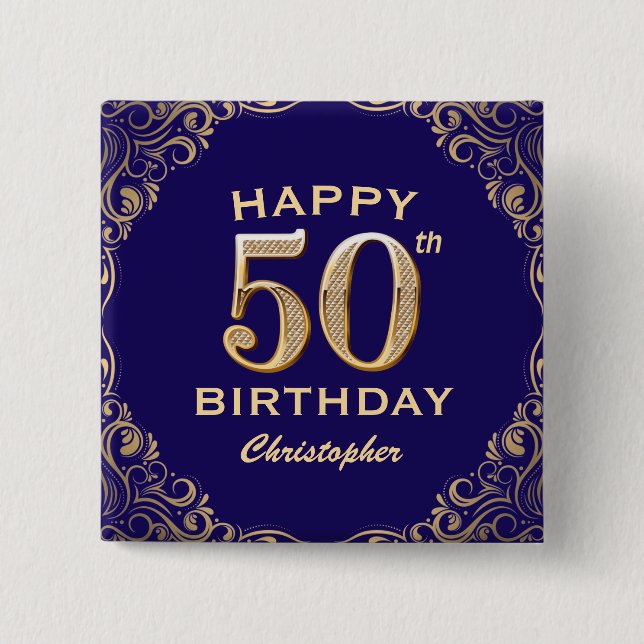Badge Carré 5 Cm 50e anniversaire Parties scintillant marine bleu e (Devant)