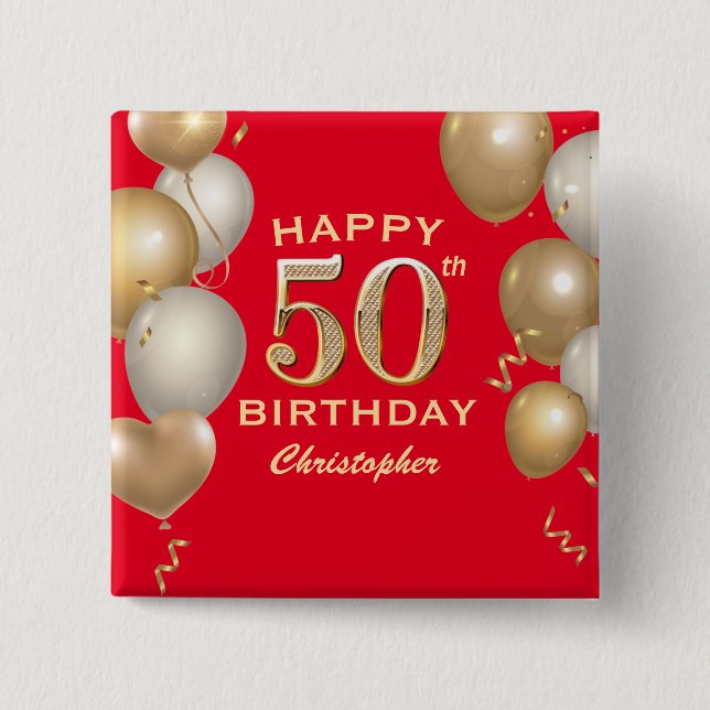 Badge Carré 5 Cm 50th Birthday Party Red and Gold Balloons (Devant)
