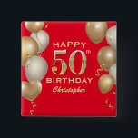 Badge Carré 5 Cm 50th Birthday Party Red and Gold Balloons<br><div class="desc">50th Birthday Party Red and Gold Balloons and Confetti Button. For further customization,  please click the "Customize it" button and use our design tool to modify this template.</div>