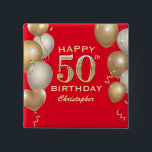 Badge Carré 5 Cm 50th Birthday Party Red and Gold Balloons<br><div class="desc">50th Birthday Party Red and Gold Balloons and Confetti Button. For further customization,  please click the "Customize it" button and use our design tool to modify this template.</div>
