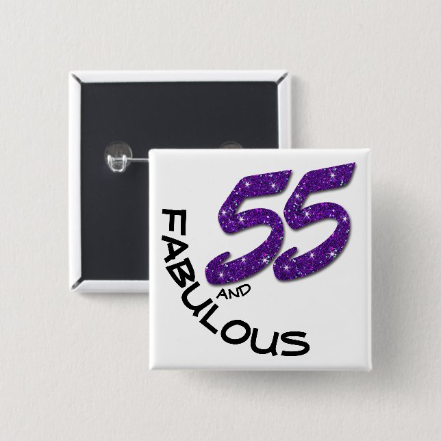 Badge Carré 5 Cm 55e anniversaire fête Parties scintillant violette (Devant & derrière)