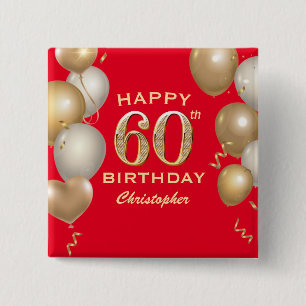 Badge Carré 5 Cm 60e Anniversaire des Ballons Rouge et Or