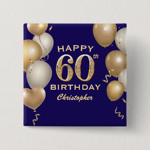 Badge Carré 5 Cm 60e Anniversaire Marine Bleu et Ballons d'or