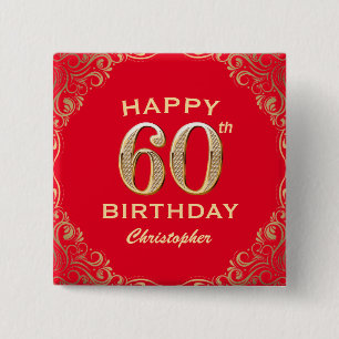 Badge Carré 5 Cm 60e anniversaire Parties scintillant rouge et or c