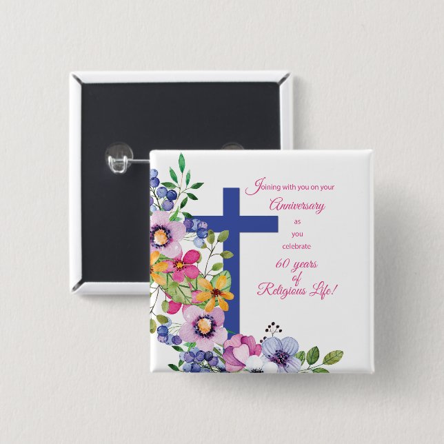 Badge Carré 5 Cm 60th Anniversary, Nun, Religious Life Cross (Devant & derrière)