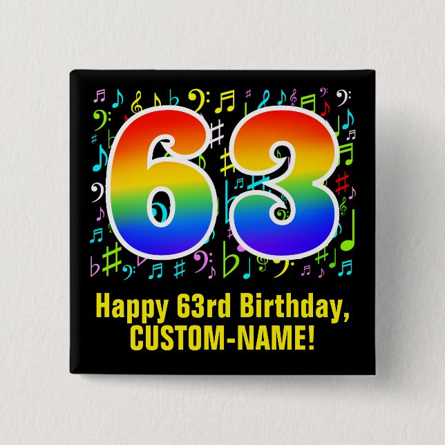 Badge Carré 5 Cm 63e anniversaire : Symboles de musique colorée, Ar (Devant)