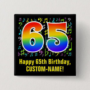 Badge Carré 5 Cm 65e anniversaire : Symboles de musique colorée, Ar