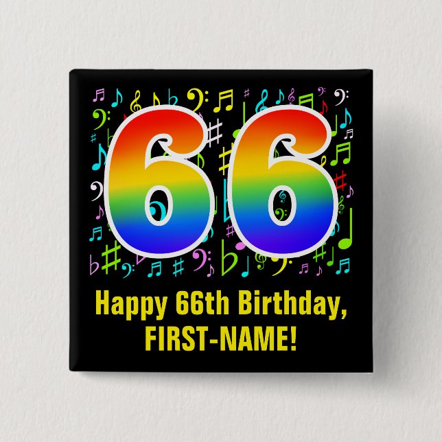 Badge Carré 5 Cm 66e anniversaire : Symboles de musique colorée, Ar (Devant)