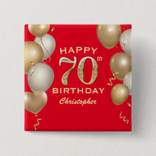 Badge Carré 5 Cm 70e Anniversaire de Ballons Rouge et Or