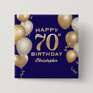 Badge Carré 5 Cm 70e Anniversaire Marine Bleu et Ballons d'or
