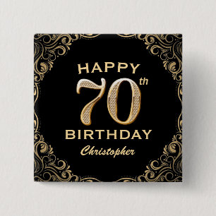 Badge Carré 5 Cm 70e anniversaire Parties scintillant noir et or ca