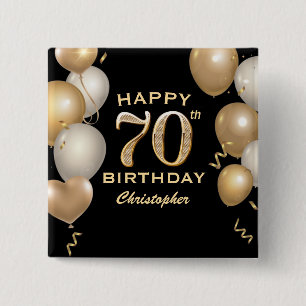 Badge Carré 5 Cm 70e fête d'anniversaire Ballons noirs et or