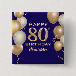 Badge Carré 5 Cm 80e Anniversaire Marine Bleu et Ballons d'or