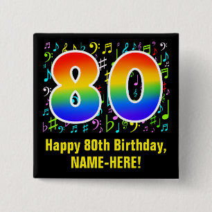 Badge Carré 5 Cm 80e anniversaire : Symboles de musique colorée, Ar