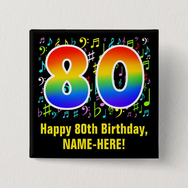 Badge Carré 5 Cm 80e anniversaire : Symboles de musique colorée, Ar (Devant)