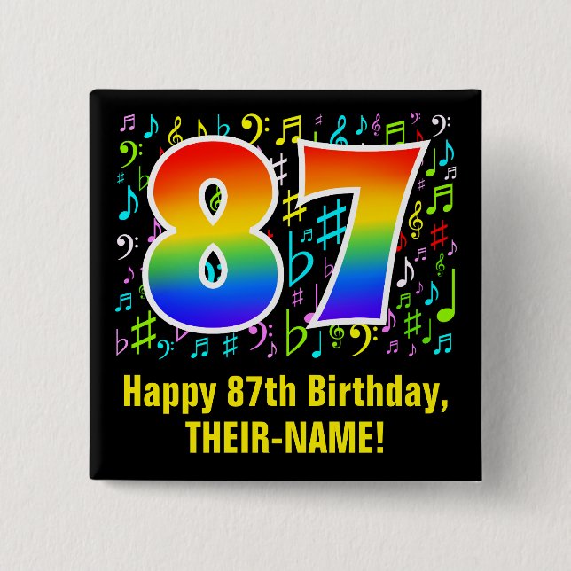 Badge Carré 5 Cm 87e anniversaire : Symboles de musique colorée, Ar (Devant)
