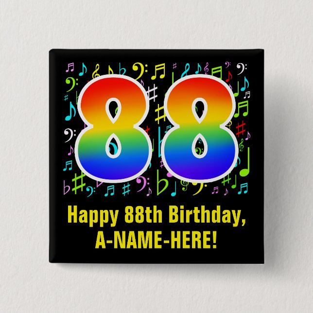 Badge Carré 5 Cm 88e anniversaire : Symboles de musique colorée, Ar (Devant)