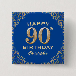 Badge Carré 5 Cm 90e anniversaire Parties scintillant bleue et or c
