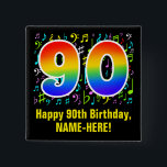 Badge Carré 5 Cm 90e anniversaire : Symboles de musique colorée, Ar<br><div class="desc">Ce bouton amusant, dynamique et coloré sur le thème de l'anniversaire comporte un grand nombre de "90" ayant un motif inspiré par un gradient de spectre arc-en-ciel. Il comporte aussi le message "Joyeux 90e anniversaire", et un nom personnalisé. Une partie du arrière - plan est dotée d'un motif de divers...</div>