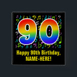 Badge Carré 5 Cm 90e anniversaire : Symboles de musique colorée, Ar<br><div class="desc">Ce bouton amusant, dynamique et coloré sur le thème de l'anniversaire comporte un grand nombre de "90" ayant un motif inspiré par un gradient de spectre arc-en-ciel. Il comporte aussi le message "Joyeux 90e anniversaire", et un nom personnalisé. Une partie du arrière - plan est dotée d'un motif de divers...</div>