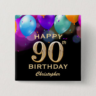 Badge Carré 5 Cm 90e fête d'anniversaire Ballons noirs et or
