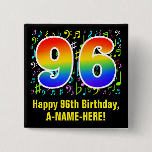 Badge Carré 5 Cm 96e anniversaire : Symboles de musique colorée, Ar