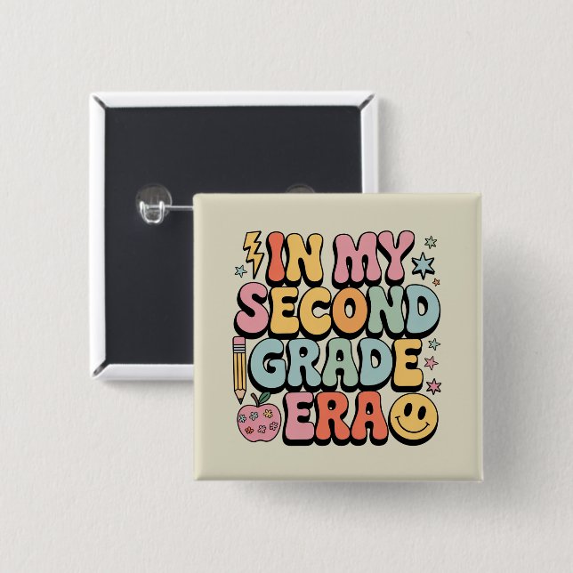 Badge Carré 5 Cm À l'époque de ma deuxième année d'école 2e année E (Devant & derrière)
