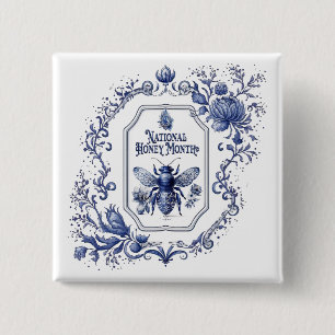 Badge Carré 5 Cm Abeille et fleurs de miel bleu Delft