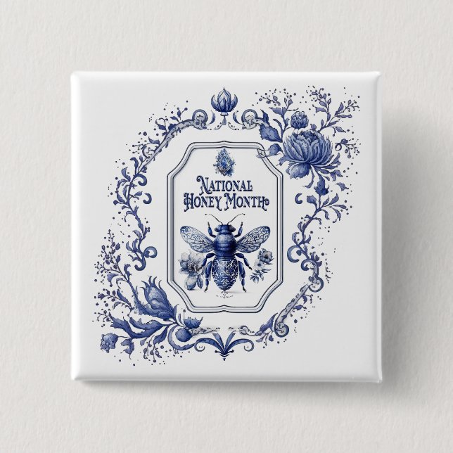 Badge Carré 5 Cm Abeille et fleurs de miel bleu Delft (Devant)