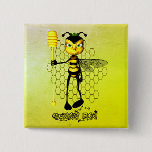Badge Carré 5 Cm Abeille jaune et noire avec nid d'abeille