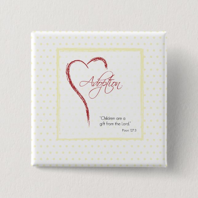 Badge Carré 5 Cm Adoption, Religieux, Dots Jaunes avec Coeur Rouge (Devant)