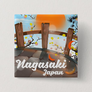 Badge Carré 5 Cm Affiche de fleurs japonaises de Nagasaki.