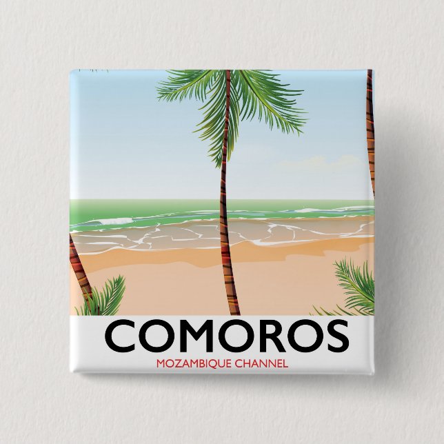 Badge Carré 5 Cm Affiche de vacances pour l'île des Comores. (Devant)