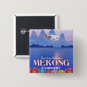 Badge Carré 5 Cm Affiche de vacances sur le fleuve Mekong Cambodge