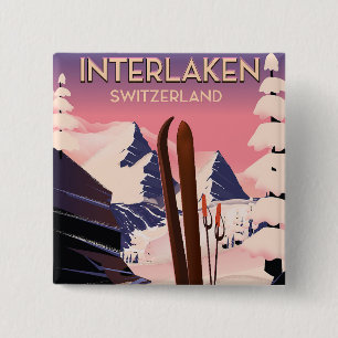 Badge Carré 5 Cm Affiche de voyage de ski à Interlaken Suisse.