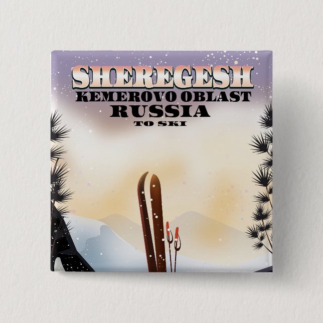 Badge Carré 5 Cm Affiche de voyage de ski Sheregesh Russie. (Devant)