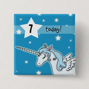 Badge Carré 5 Cm Âge bleu et blanc d'anniversaire de licorne de