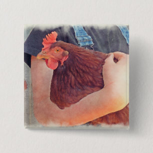 Badge Carré 5 Cm Agriculteur étreignant le style peint par poulet