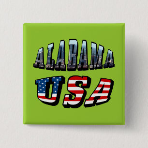 Badge Carré 5 Cm Alabama Photo et USA Flag Font