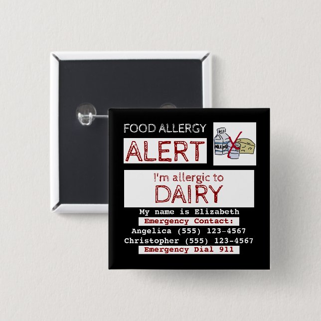 Badge Carré 5 Cm Alerte d'allergie alimentaire Easy Edit Étiquette  (Devant & derrière)