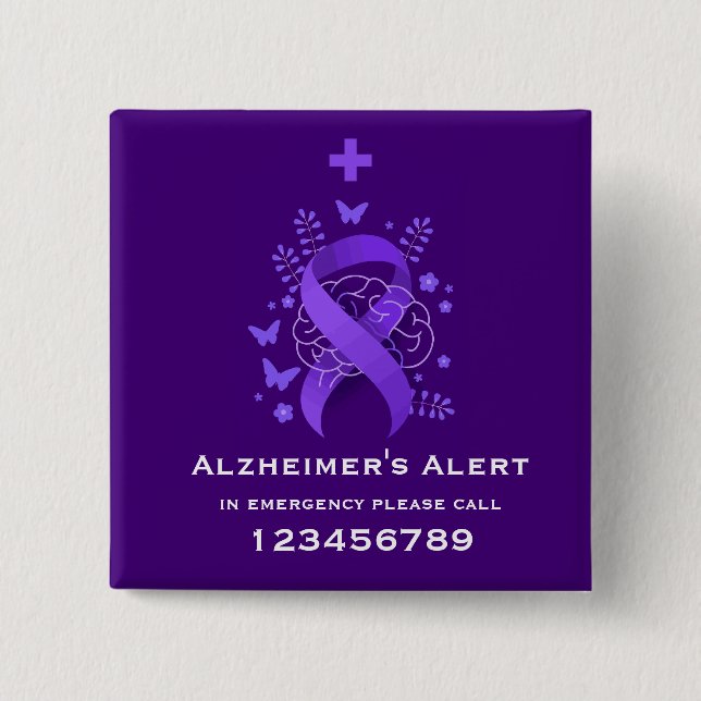 Badge Carré 5 Cm Alerte de maladie d'Alzheimer violet (Devant)