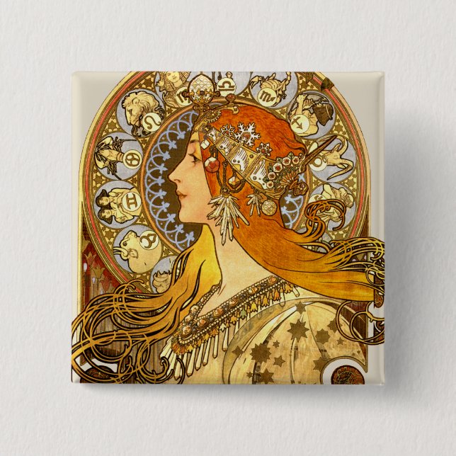 Badge Carré 5 Cm Alfonse Mucha Zodiac Art nouveau femme (Devant)