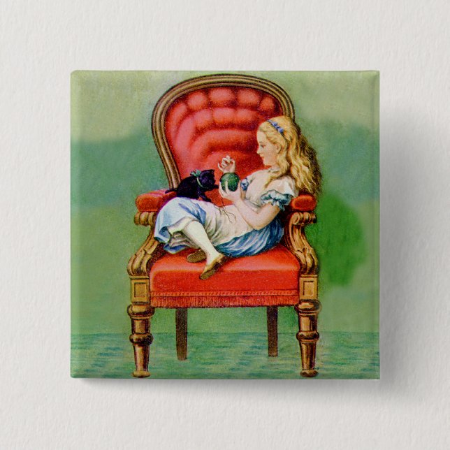 Badge Carré 5 Cm Alice & Her Cat Dinah dans la chaise BIg Red Velve (Devant)