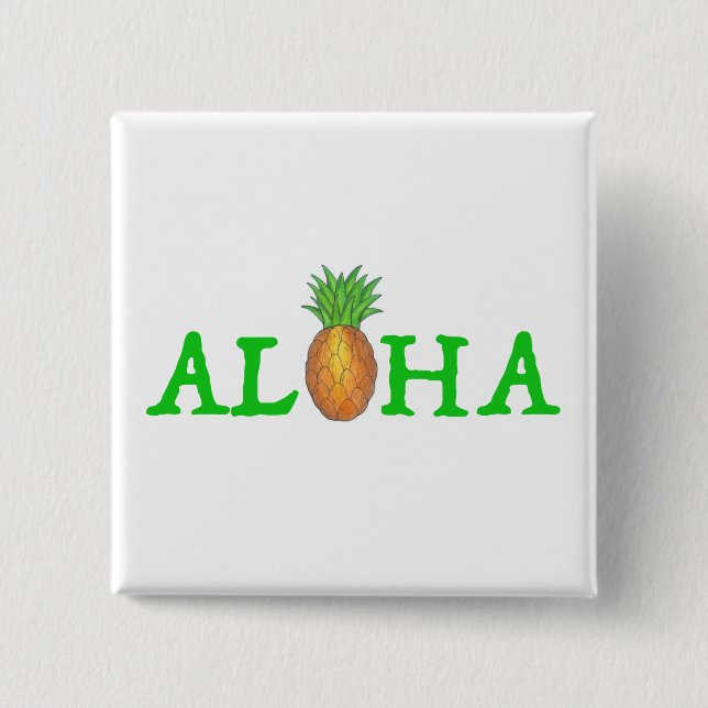 Badge Carré 5 Cm ALOHA Tropical Island Hawaiian Pineappi Fruit (Devant)